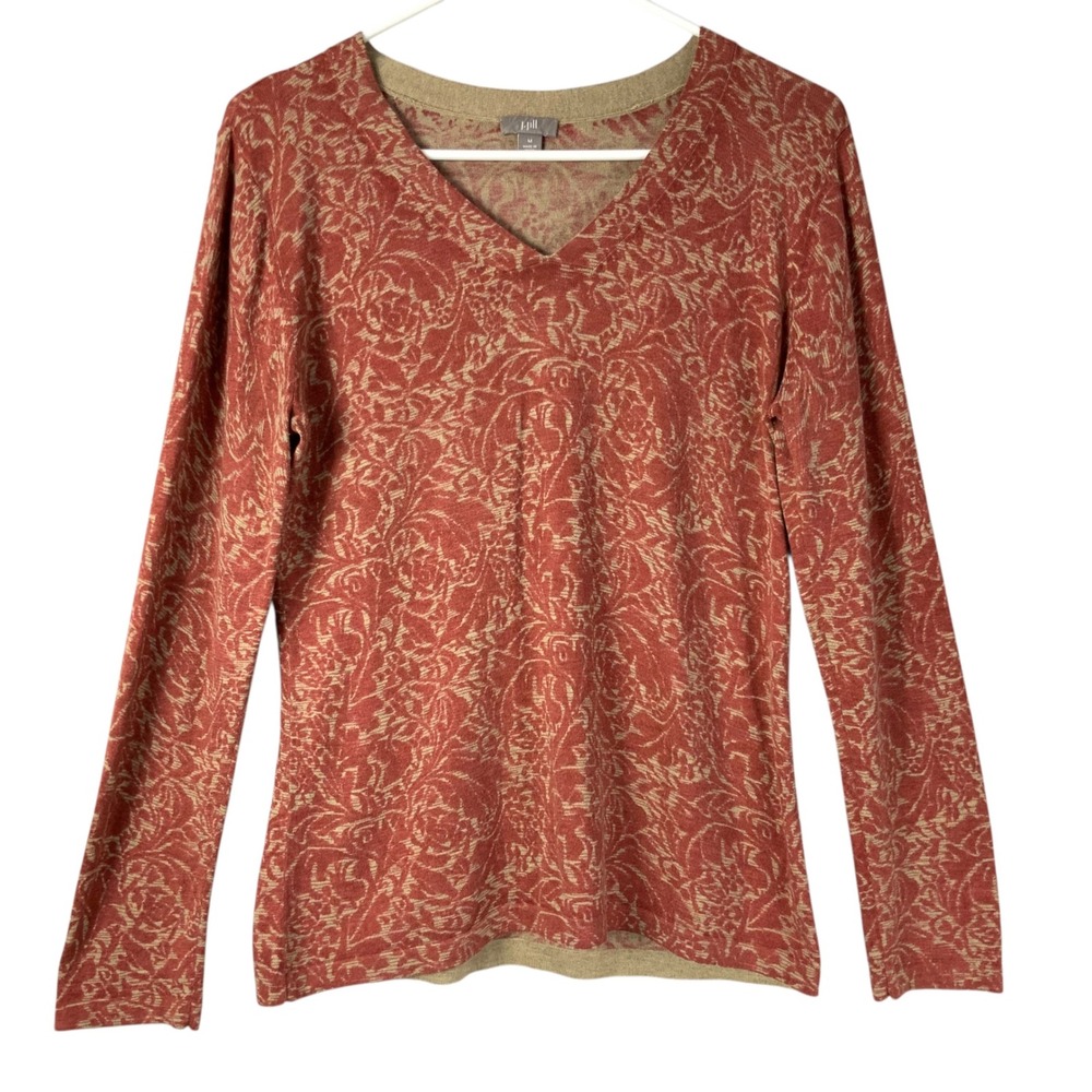 J. Jill Terracotta Floral Damask Silk Blend Knit Top M V-Neck Long Sleeve
